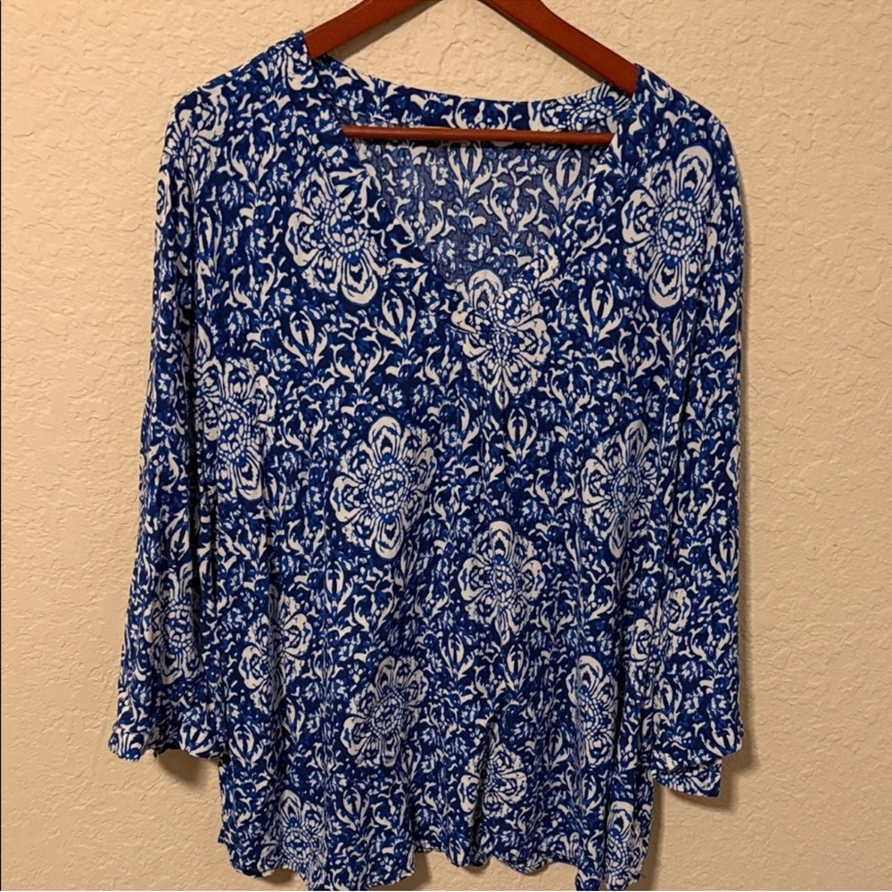 Blue and White Floral-Print Women's Tunic Top